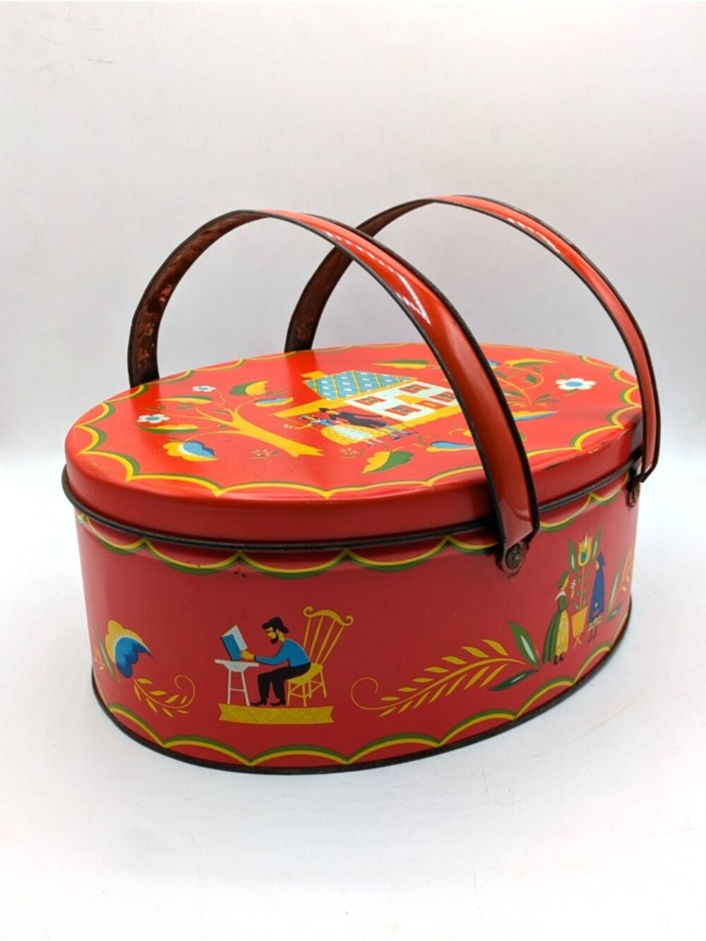 Vintage Amish Red Tin Pennsylvania Dutch Folk Art Sewing Basket with Handles 11"